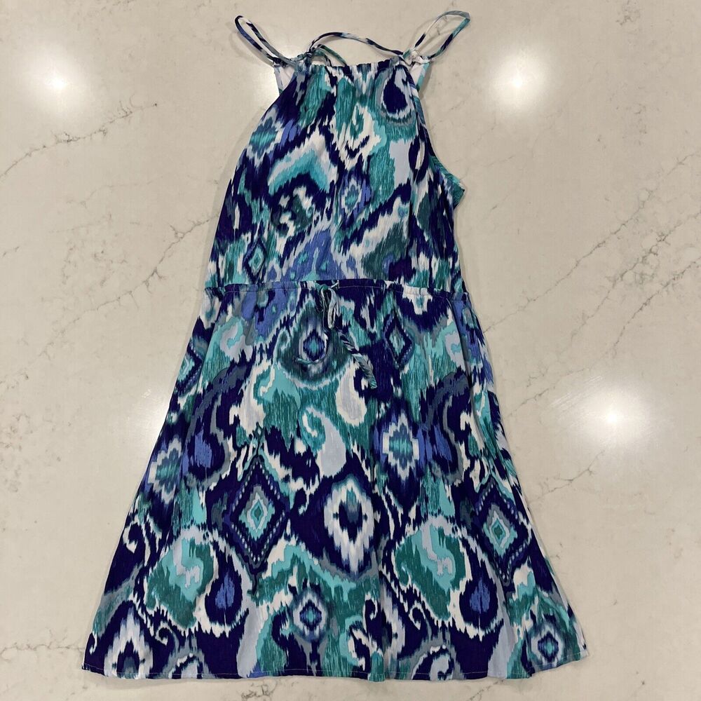 Athleta Women‎ Midi Sun Dress Built in Bra Sz XS Aqua Blue White Halter Pockets